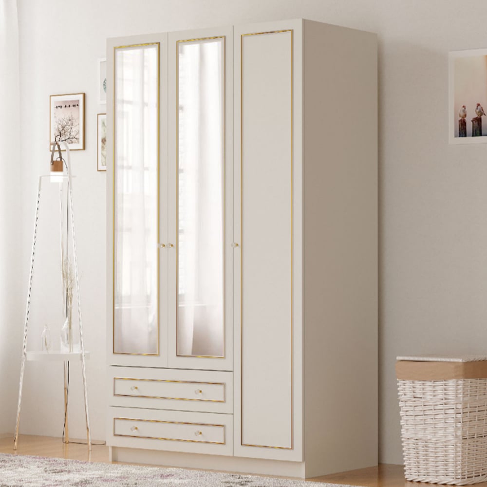 Evu MARIE 3 Door 2 Drawer Gold and White Mirrored Wardrobe Image 1