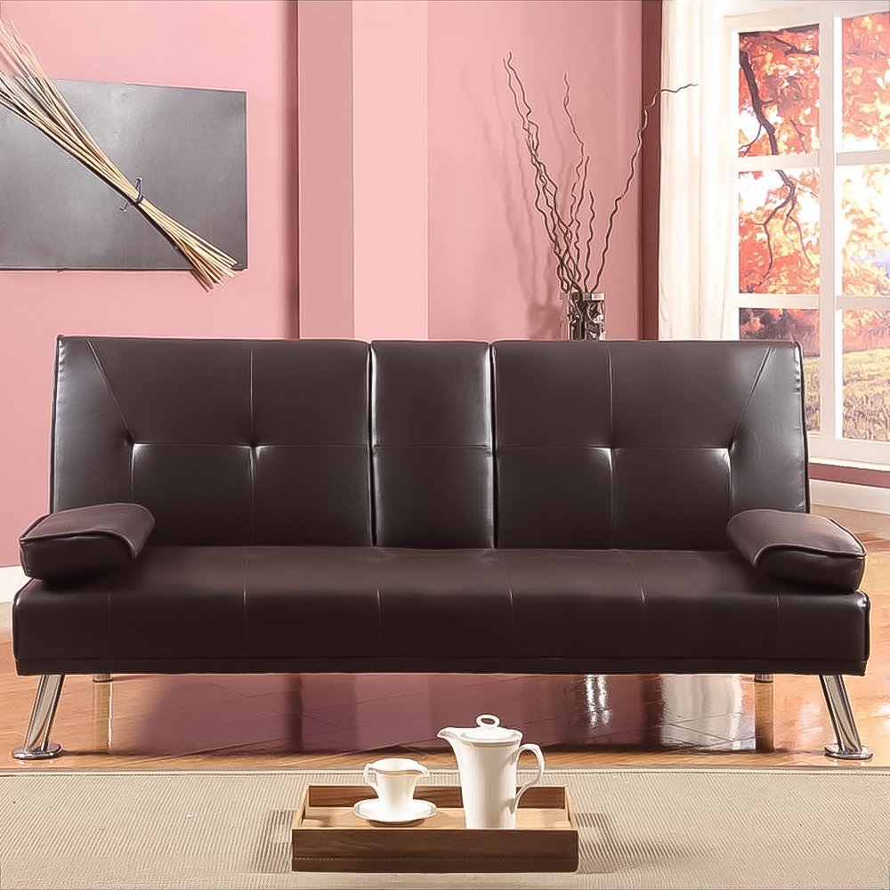 Brooklyn 2 Seater Brown Faux Leather Italian Sofa Bed with Cup Holder Image 1