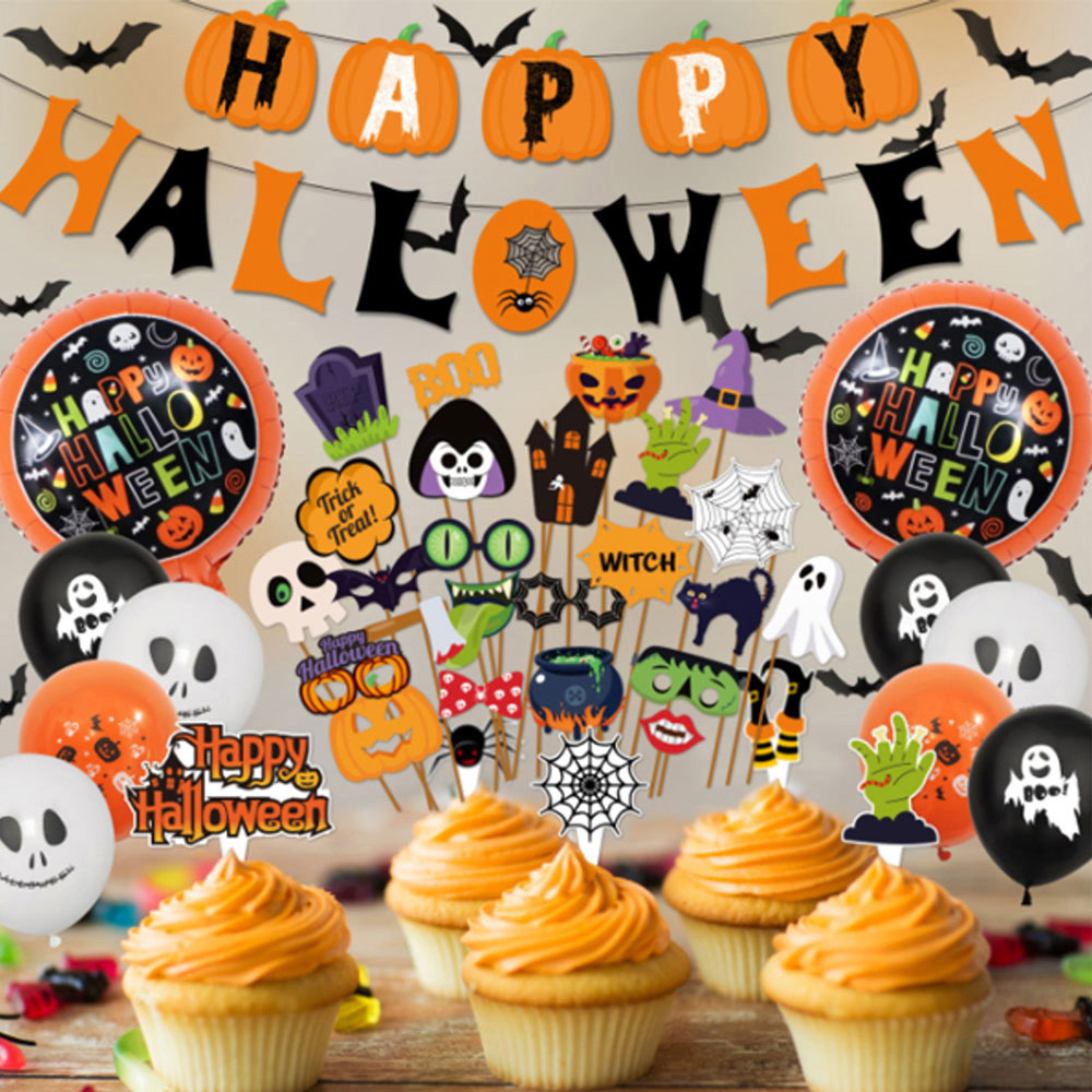 Jaoyeh Halloween Pumpkin Cake Flag and Balloon Decoration Set Image 2