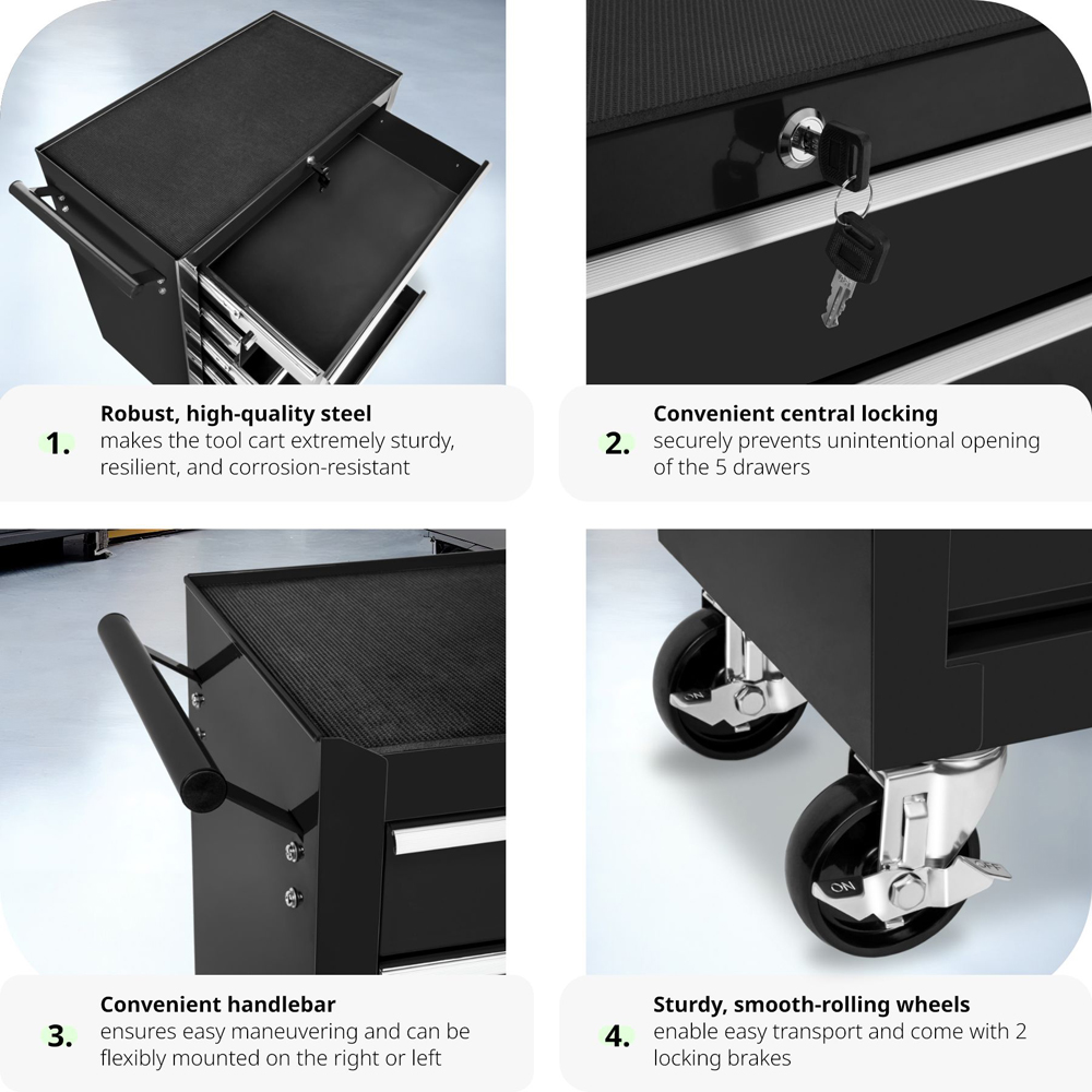 tectake 5 Drawer Black Tool Chest of Drawers with Wheels Image 4