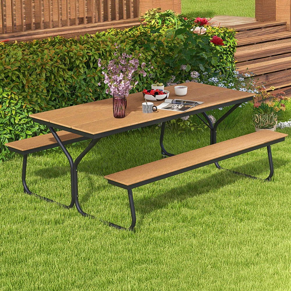 Costway 8 Seater Brown Outdoor Picnic Bench Set Image 1