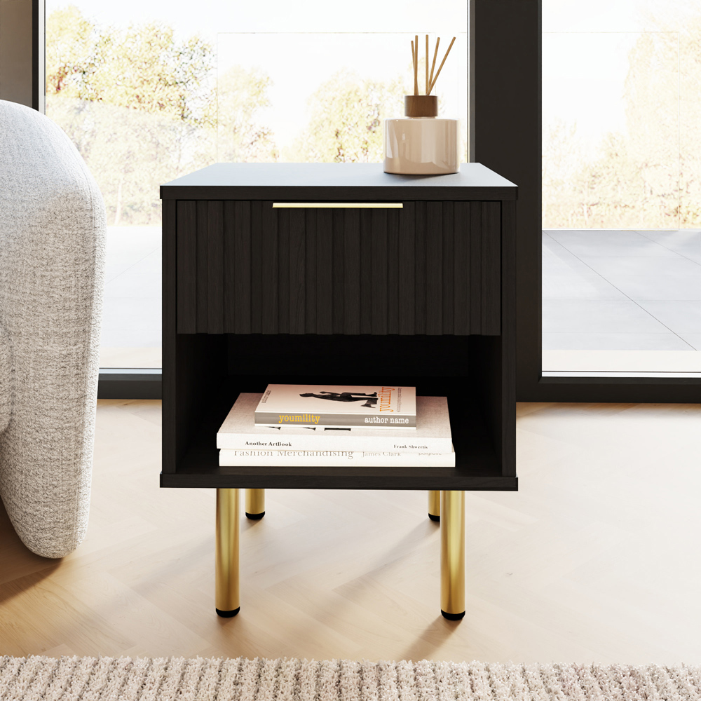 GFW Nervata Single Drawer Single Shelf Black Lamp Table Image 7