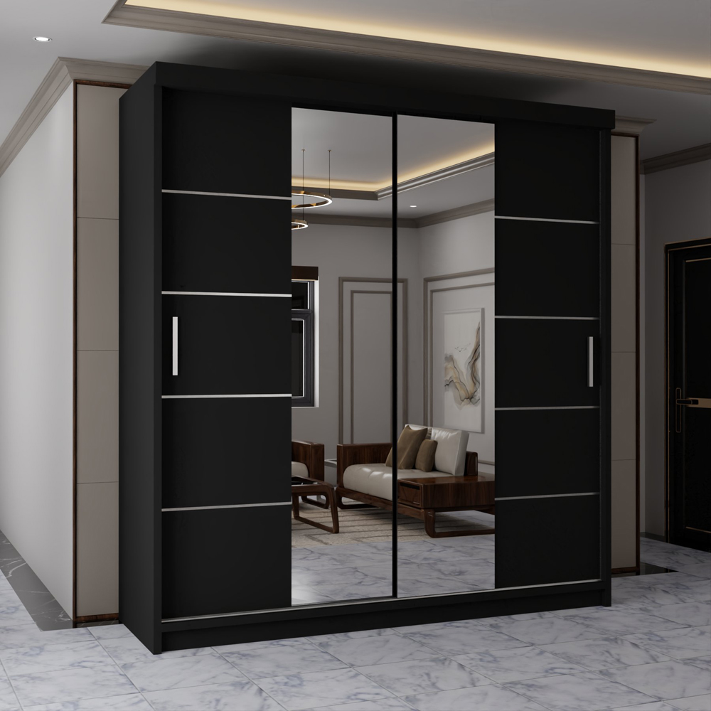 M N Furniture Osaka 2 Door Black Mirrored Panel Sliding Wardrobe 150cm Image 1