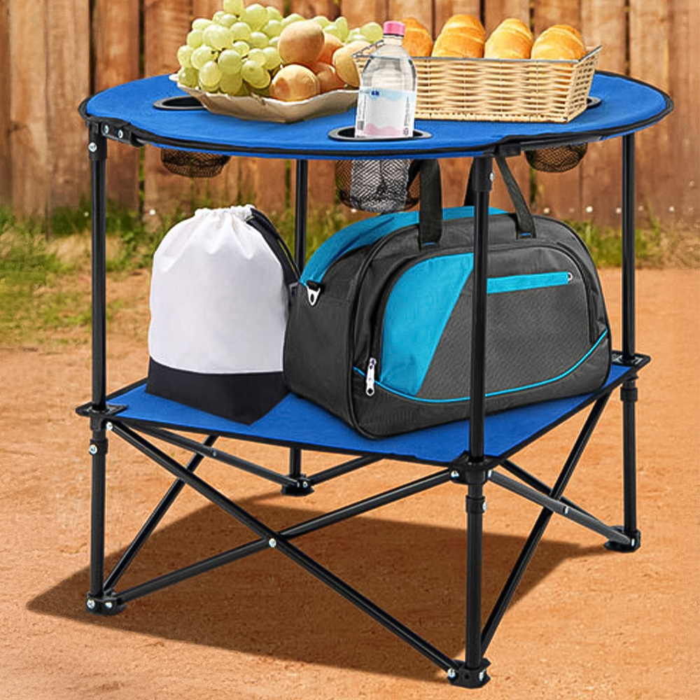 Costway 2 Tier Blue Folding Camping Table with Carrying Bag Image 1