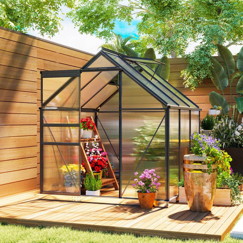 Outsunny 6.23 x 6.23ft Polycarbonate Walk In Garden Greenhouse Kit with Sliding Door Image 2