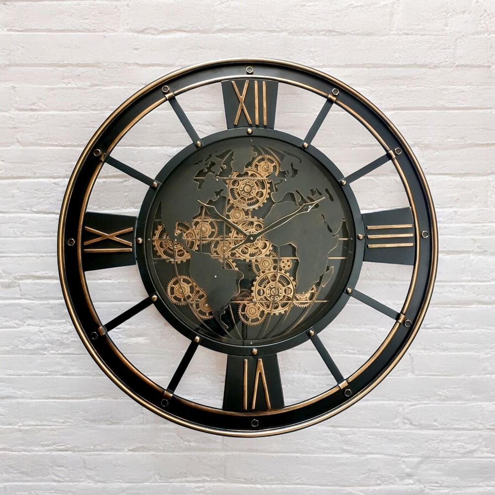 Acacia Home Black and Gold Round Gear Wall Clock 80cm Image 2