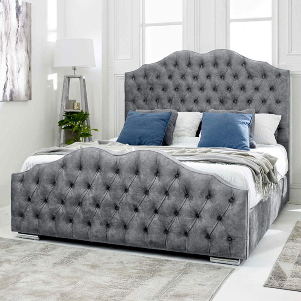 Eleganza Kenwood Double Silver Marble Fabric Bed with Waved Headboard Image 1