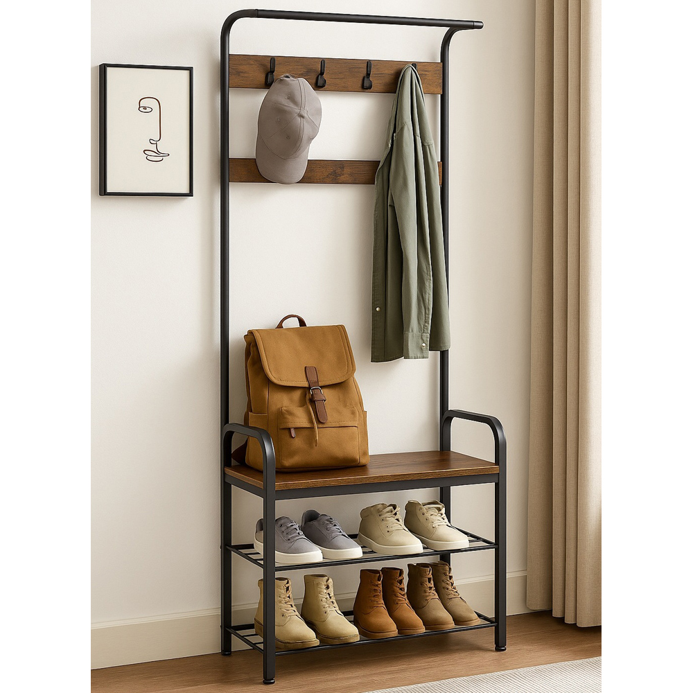 Modcraft 4-in-1 2 Shelf 9 Hooks Industrial Coat Rack with Shoe Bench Image 3
