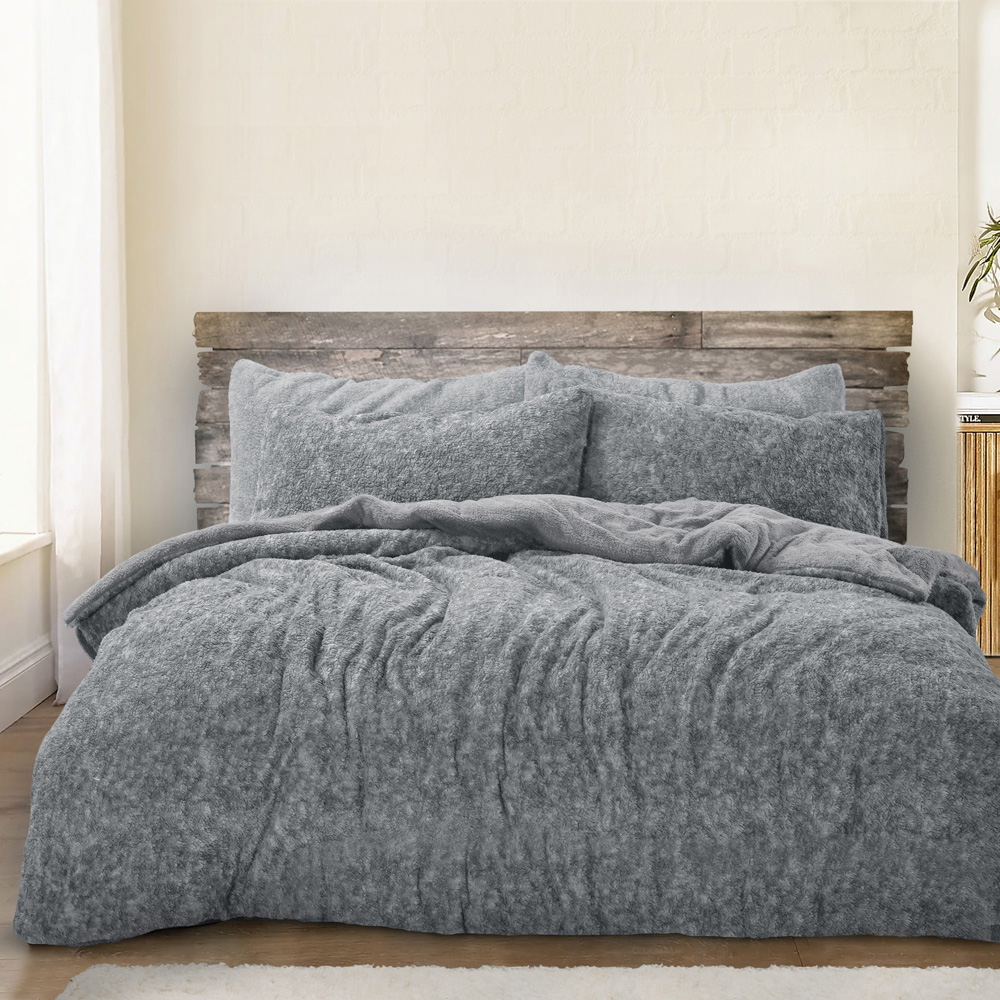 Velosso Single Charcoal Marl-Effect Teddy Fleece Duvet Cover Set Image 1