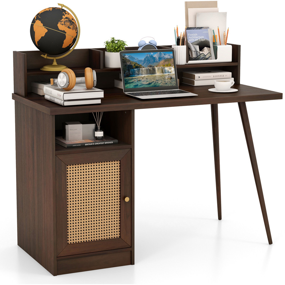 Costway Single Door PE Rattan Mid Century Computer Desk Walnut Image 3