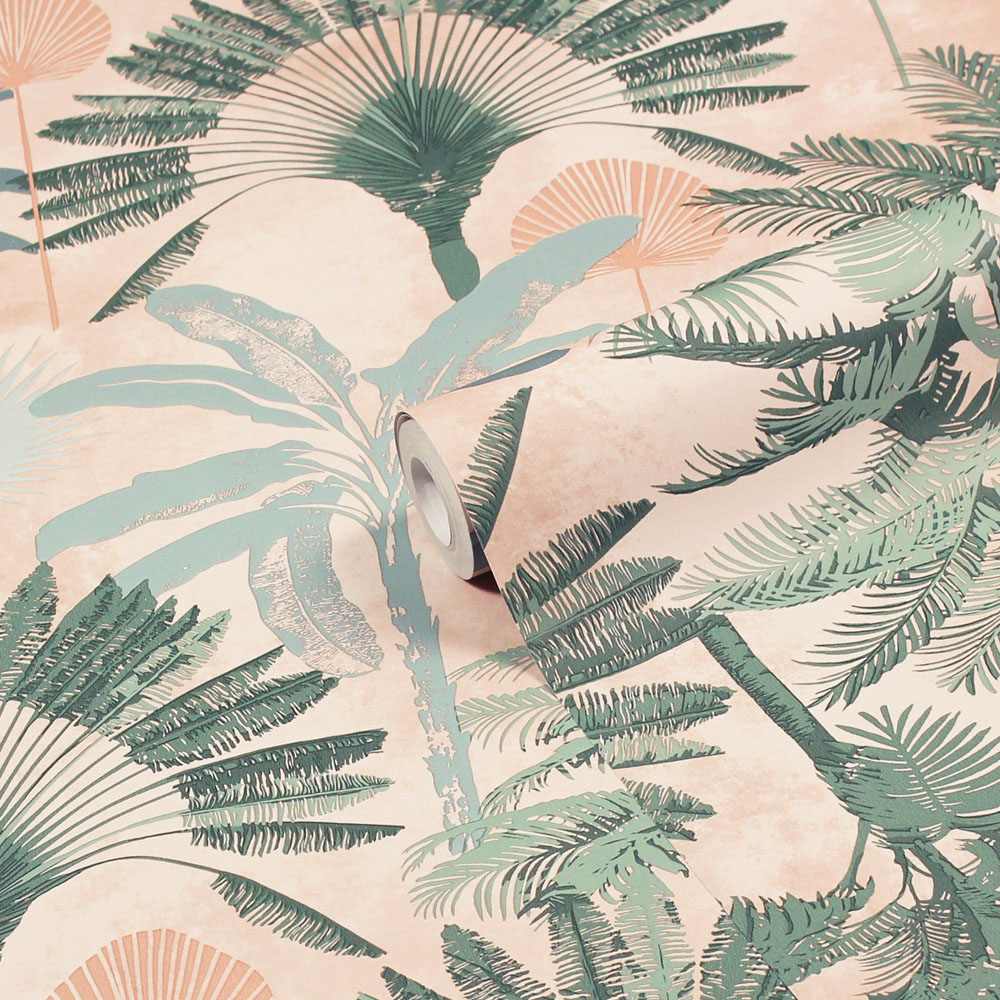 furn. Malaysian Palm Tropical Blush and Green Matte Wallpaper Image 2