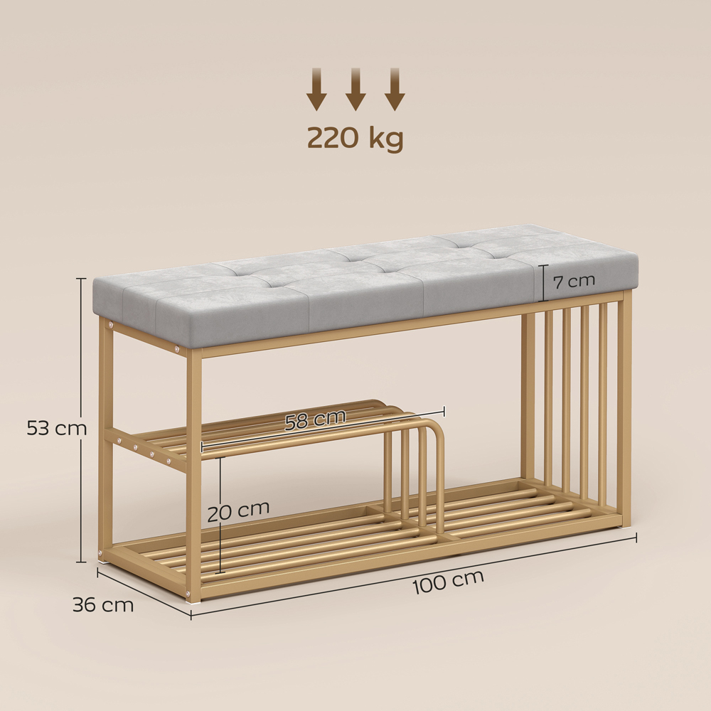 Portland 3 Shelf Grey Shoe Rack Bench with Tufted Cushion Seat Image 8