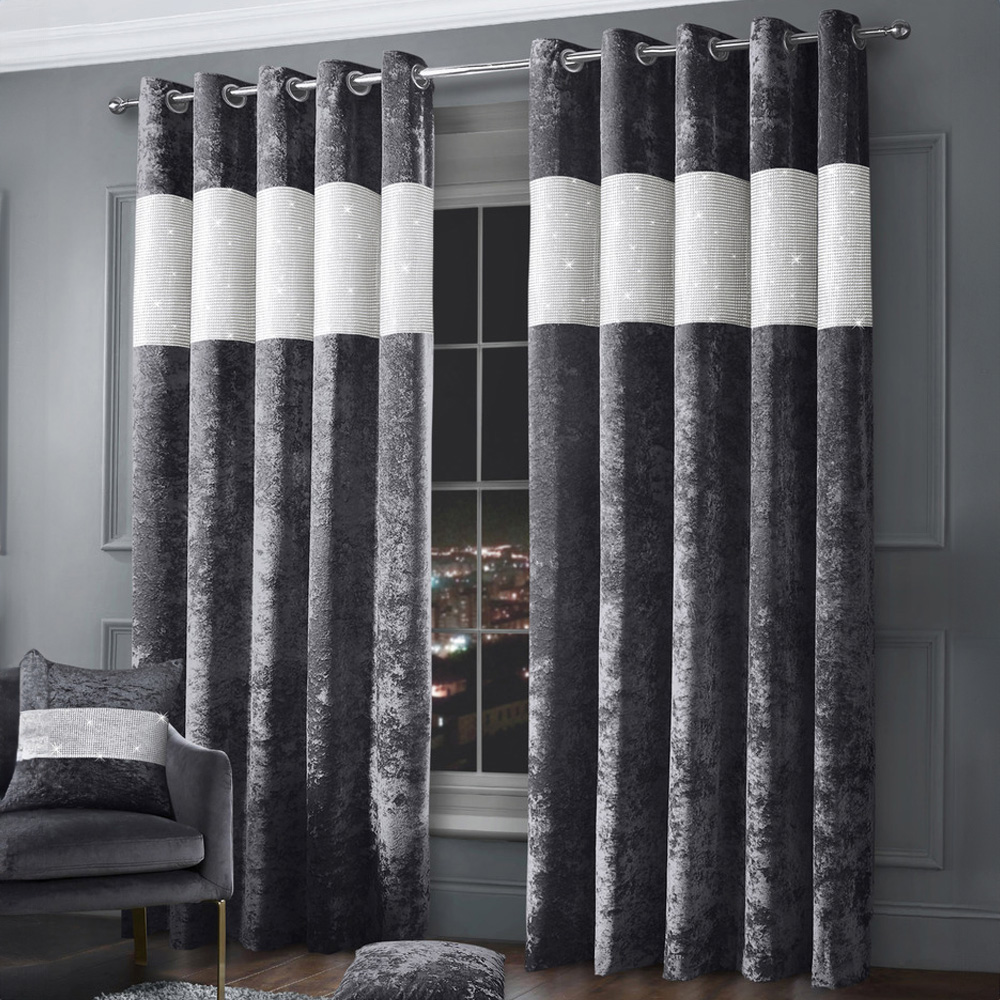 Intimates Diamante Charcoal Crushed Velvet Eyelet Curtains 223 x 223cm Image 1