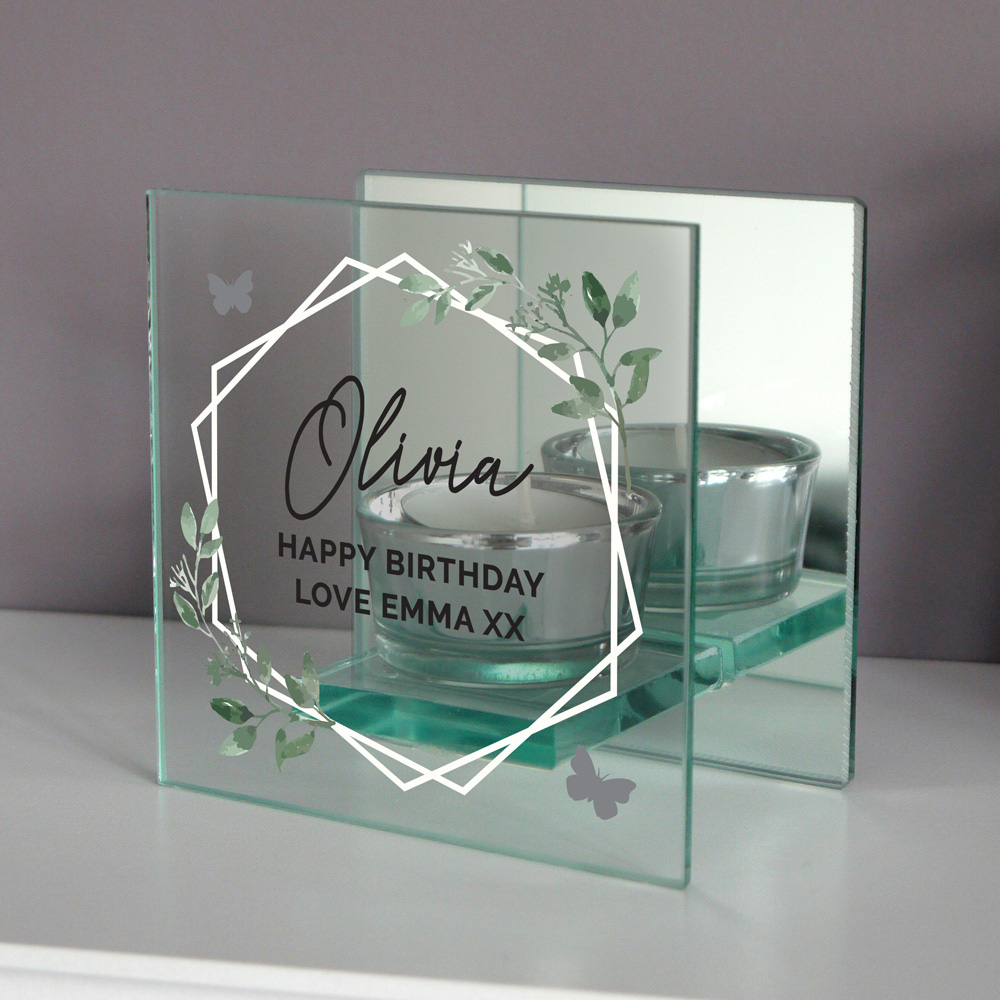 Personalised Memento Personalised Botanical Mirrored Glass Tea Light Candle Holder Image 3