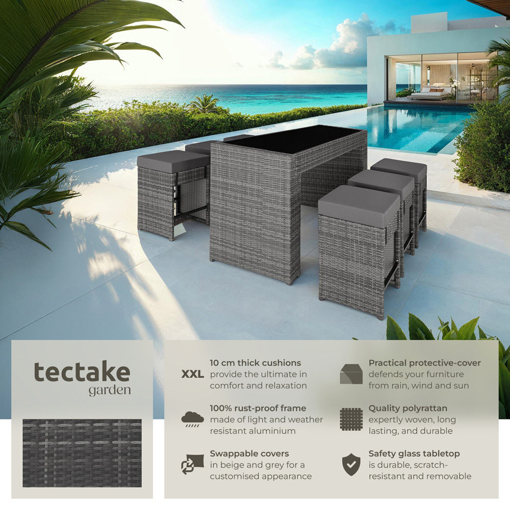 tectake Grey Black Garden 6 Seater Table and Chairs with Cover Image 2