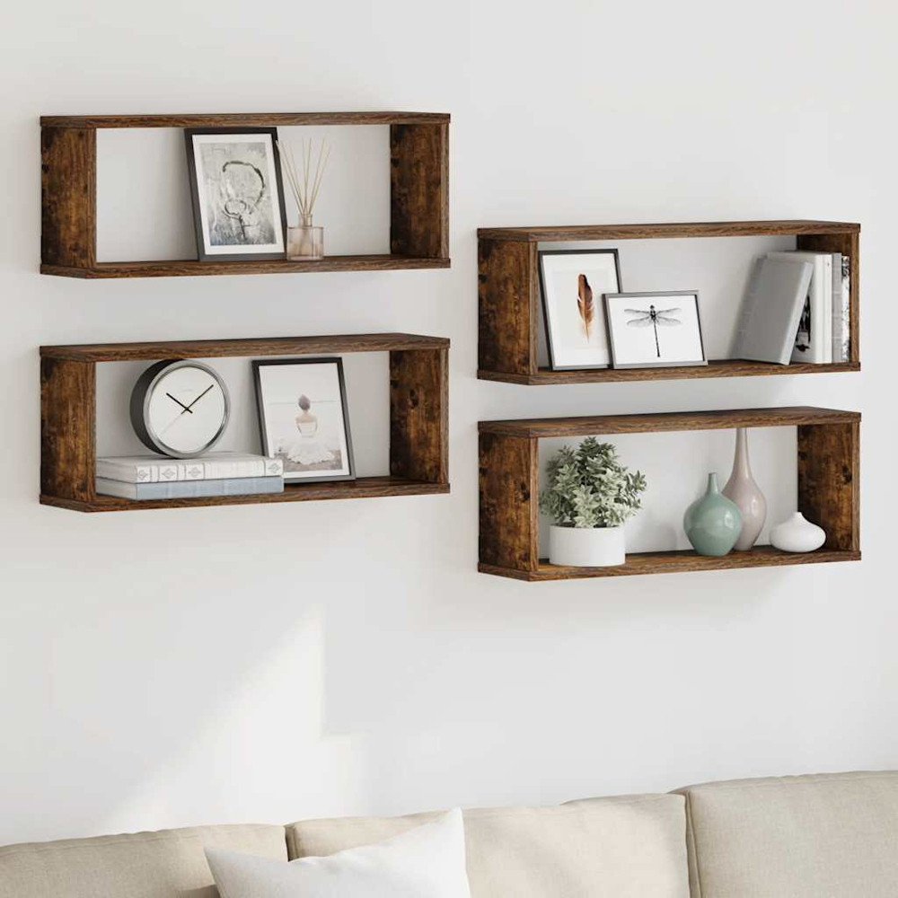 vidaXL 100cm Set of 4 Smoked Oak Cube Floating Wall Shelf Image 2