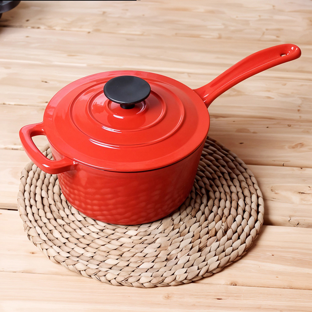 Living and Home 2L Red Cast Iron Enamel Saucepan with Lid Image 2