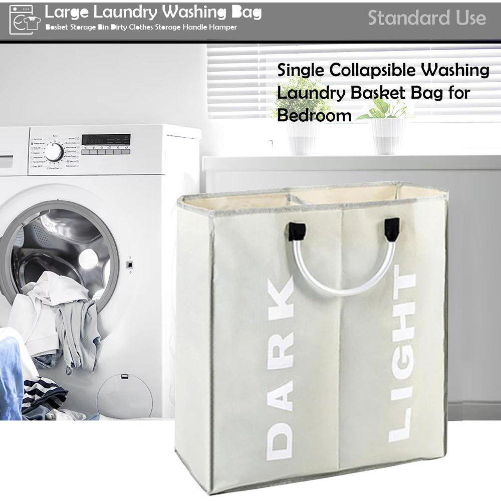 ATEK Double Compartment Light Grey Collapsible Laundry Basket Image 3