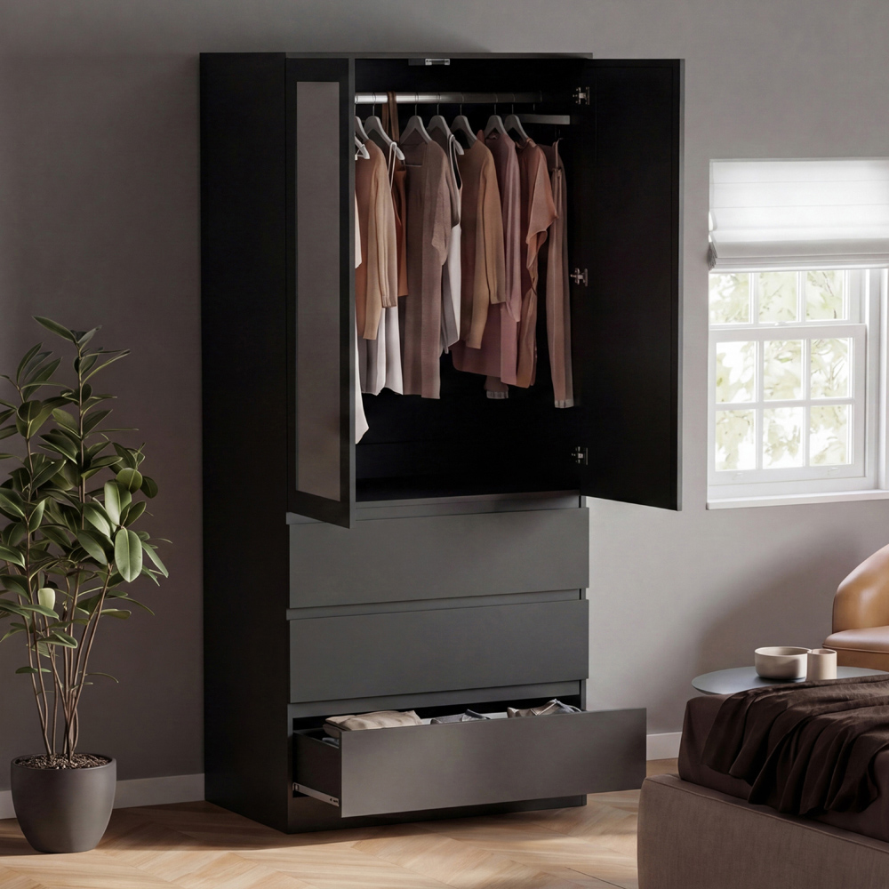 VIDA DESIGNS Denver 2 Door 3 Drawer Black Mirrored Wardrobe Image 4