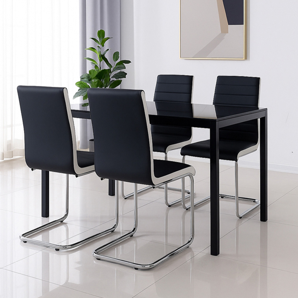 Kosy Koala 4 Seater Striped Faux Leather Glass Dining Set White and Black Image 4