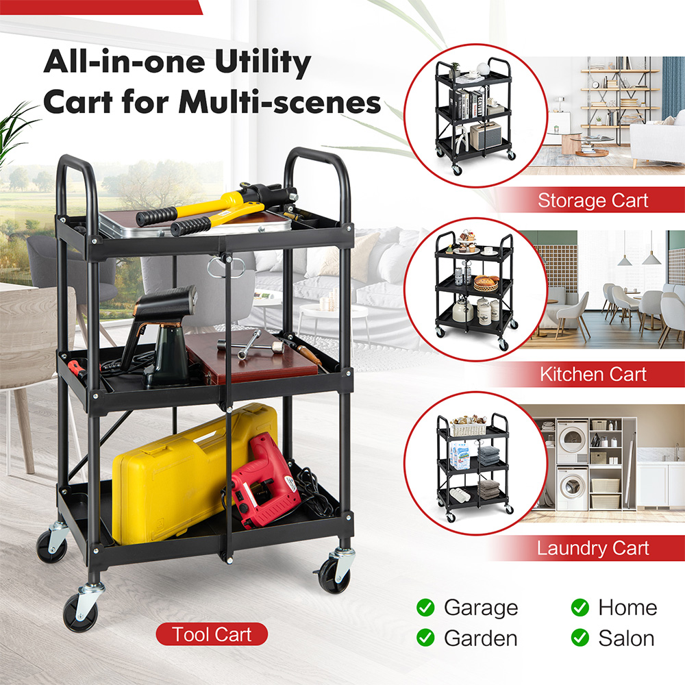 Costway 3 Shelf Folding Tool Trolley with Lockable Wheels Image 5