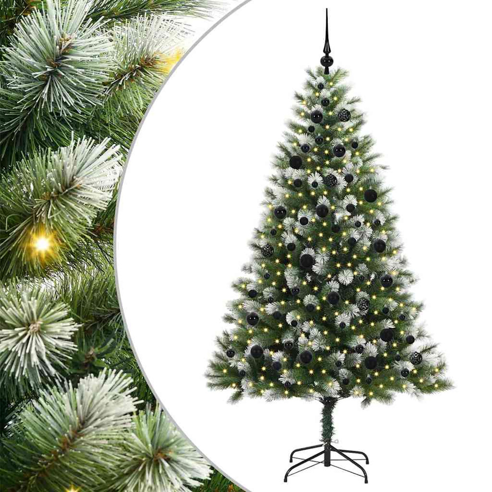 vidaXL Pre-Lit Black Baubles Green Artificial Snow Tipped Hinged Christmas Tree 7ft Image 2