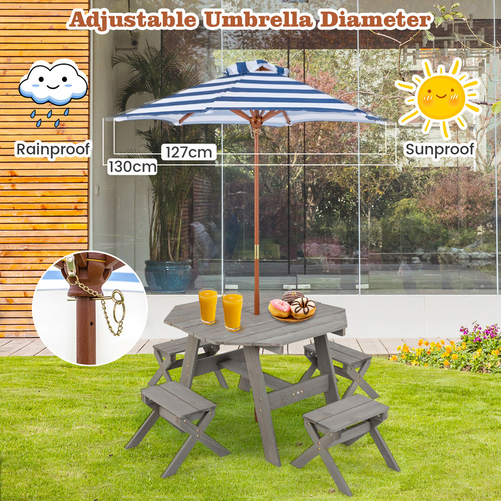 Costway 4 Seater Kids Picnic Dining Set with Adjustable Umbrella Grey Image 5