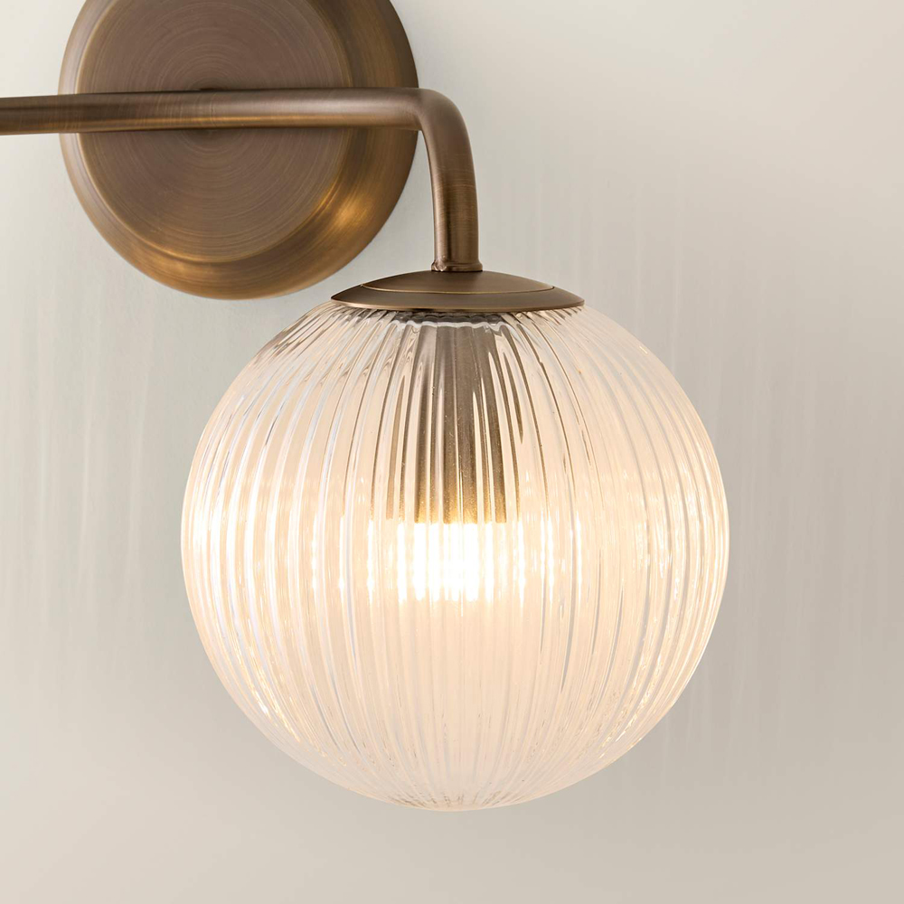 ValueLights Kempton 2 Arm Ribbed Glass Globe Brushed Brass LED Wall Light with Bulb Image 3