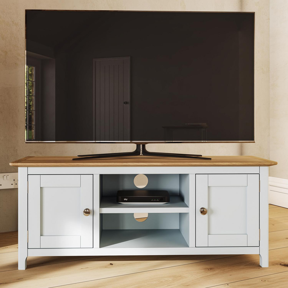 FWStyle Taberno 2 Door 2 Shelf White Linen and Oak Wide TV Unit Image 7