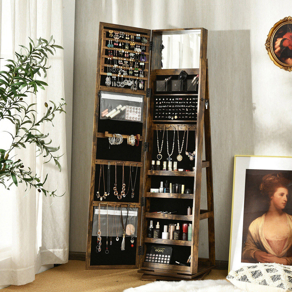 Costway Rustic Brown Rotatable Full Length Mirrored Jewellery Cabinet with 3 Shelf Image 5