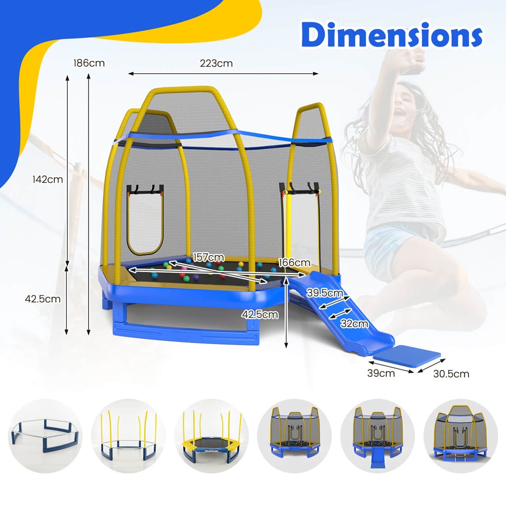 Costway 7ft Blue Hexagonal Trampoline with Slide and Safety Enclosure Net Image 8