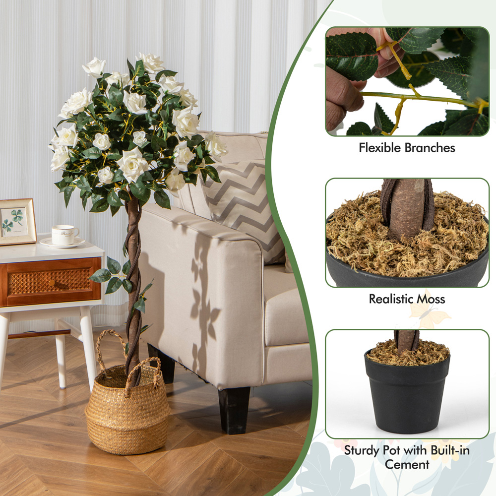 Costway White Flowers Rose Tree Artificial Plant In Pot 3.9ft Image 7