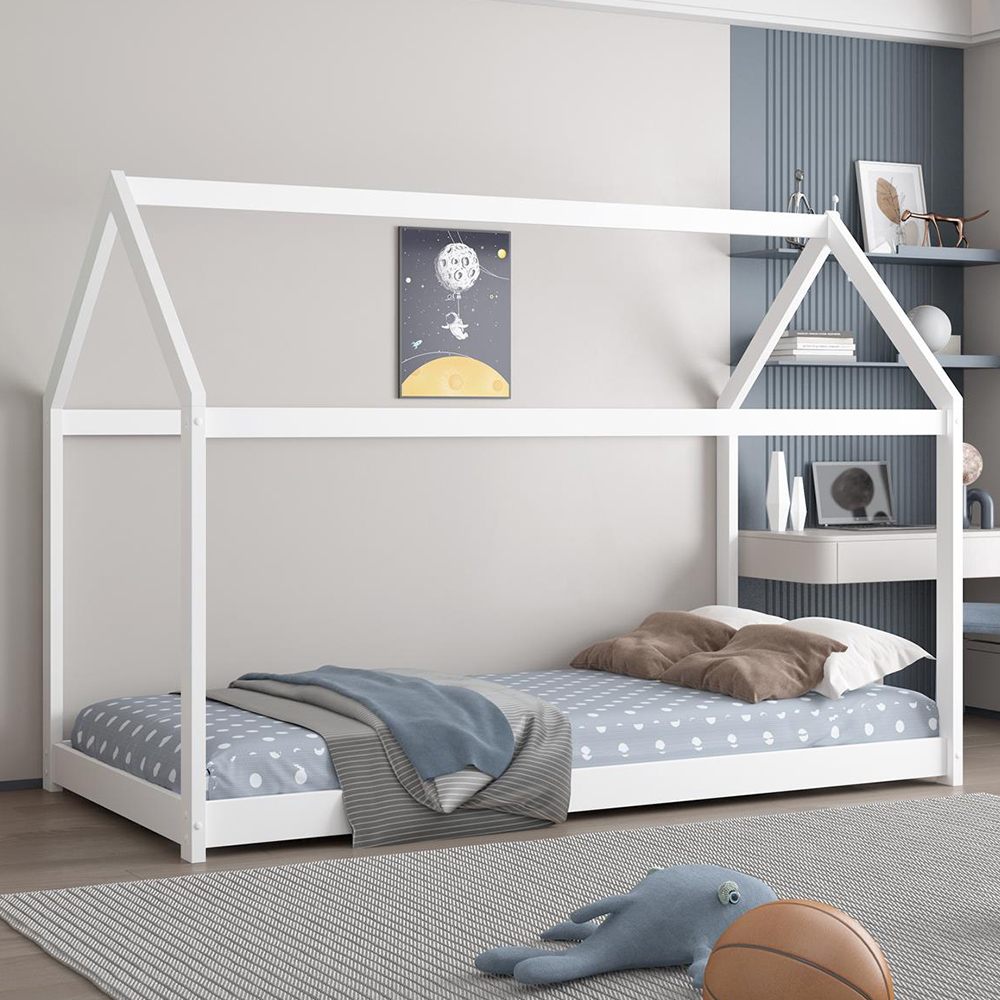 Portland Single White Wooden House Bed with Mattress Image 1