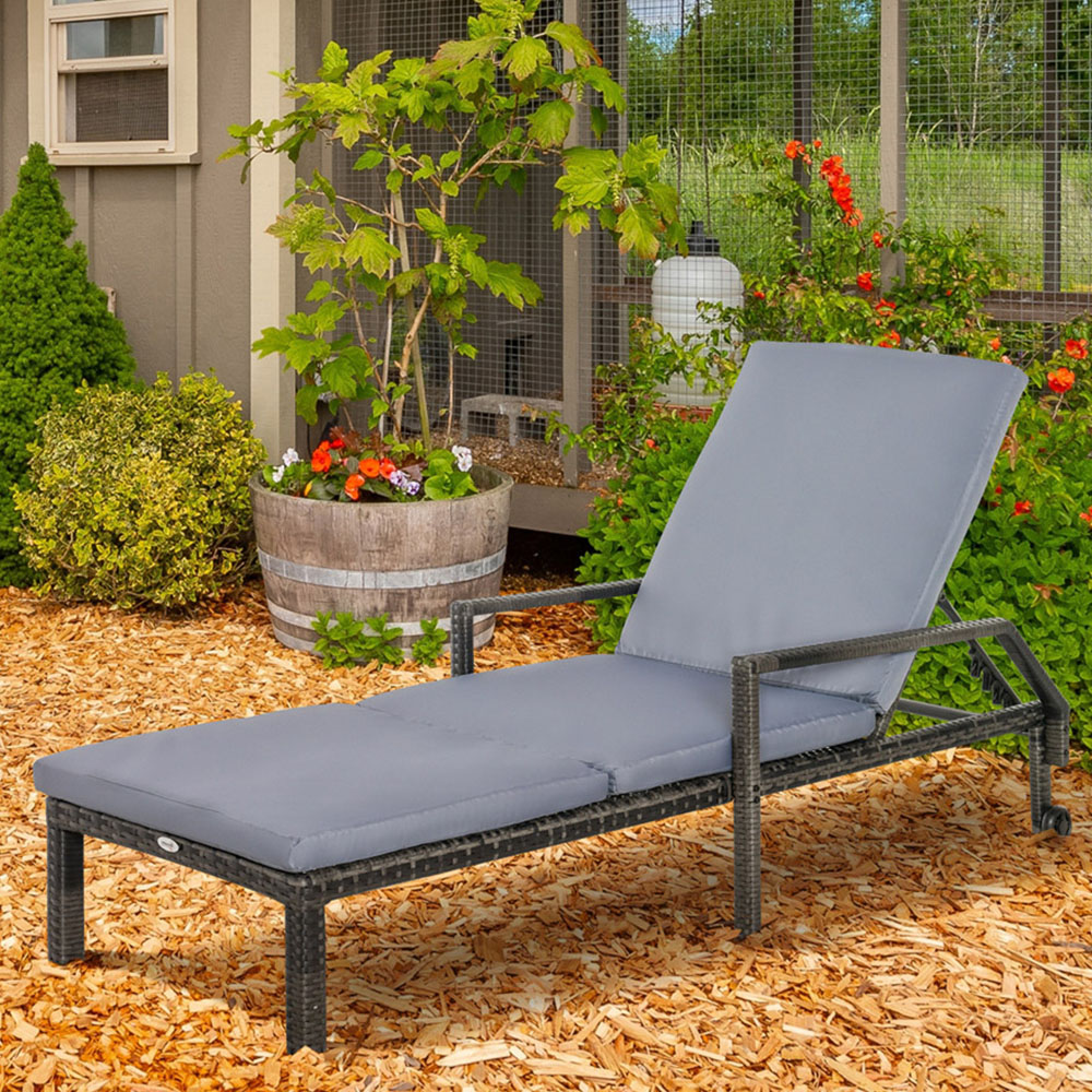 Outsunny Mixed Grey Rattan Sun Lounger with Wheels Image 1