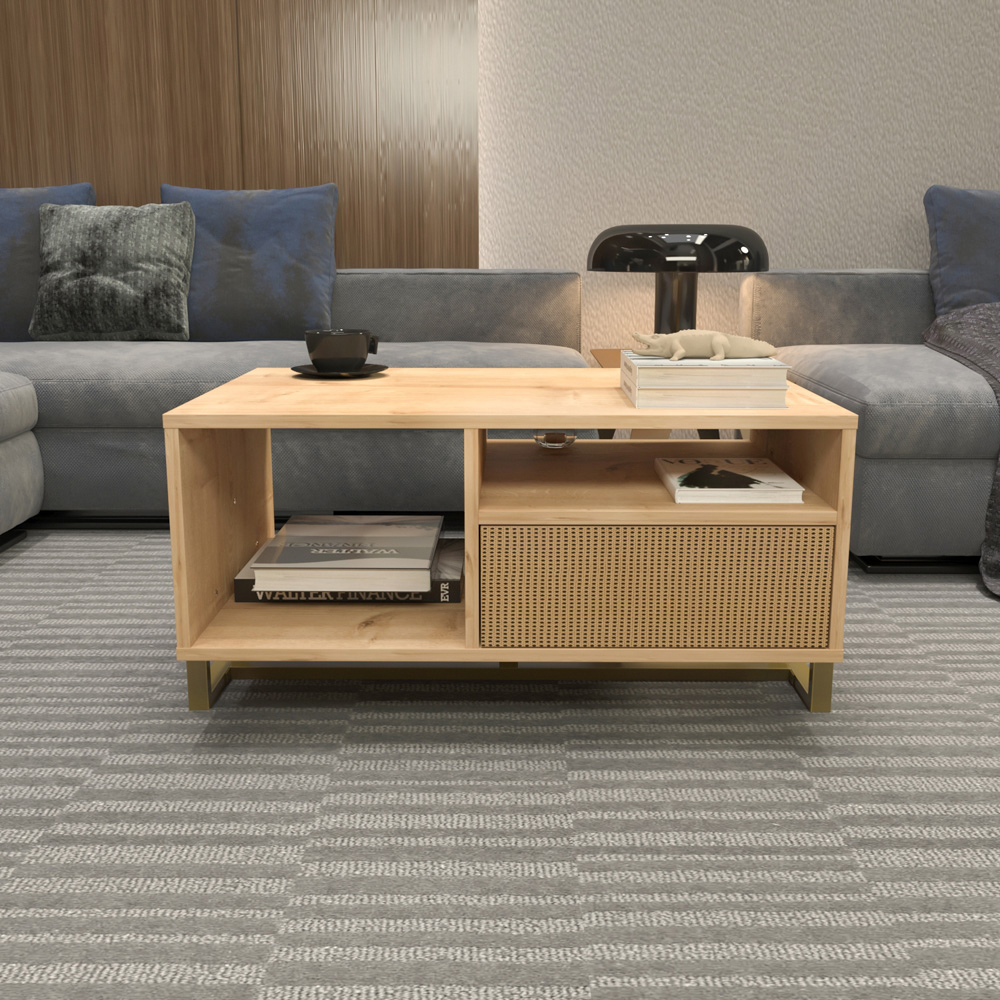 Decorotika Utopie 2 Door 2 Shelf Oak and Rattan Modern Coffee Table Image 5