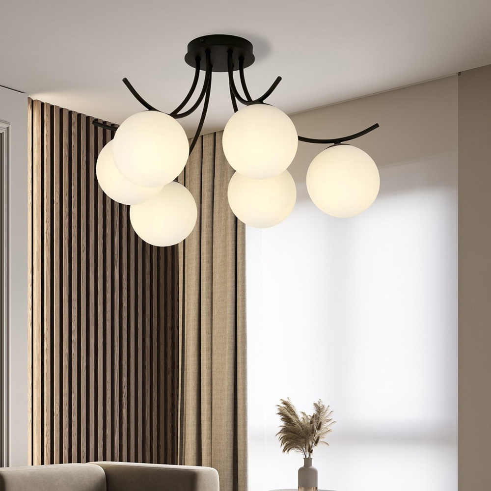 Emibig Boston 6 Light White Shade Black E14 Ceiling Pendant Light Image 4