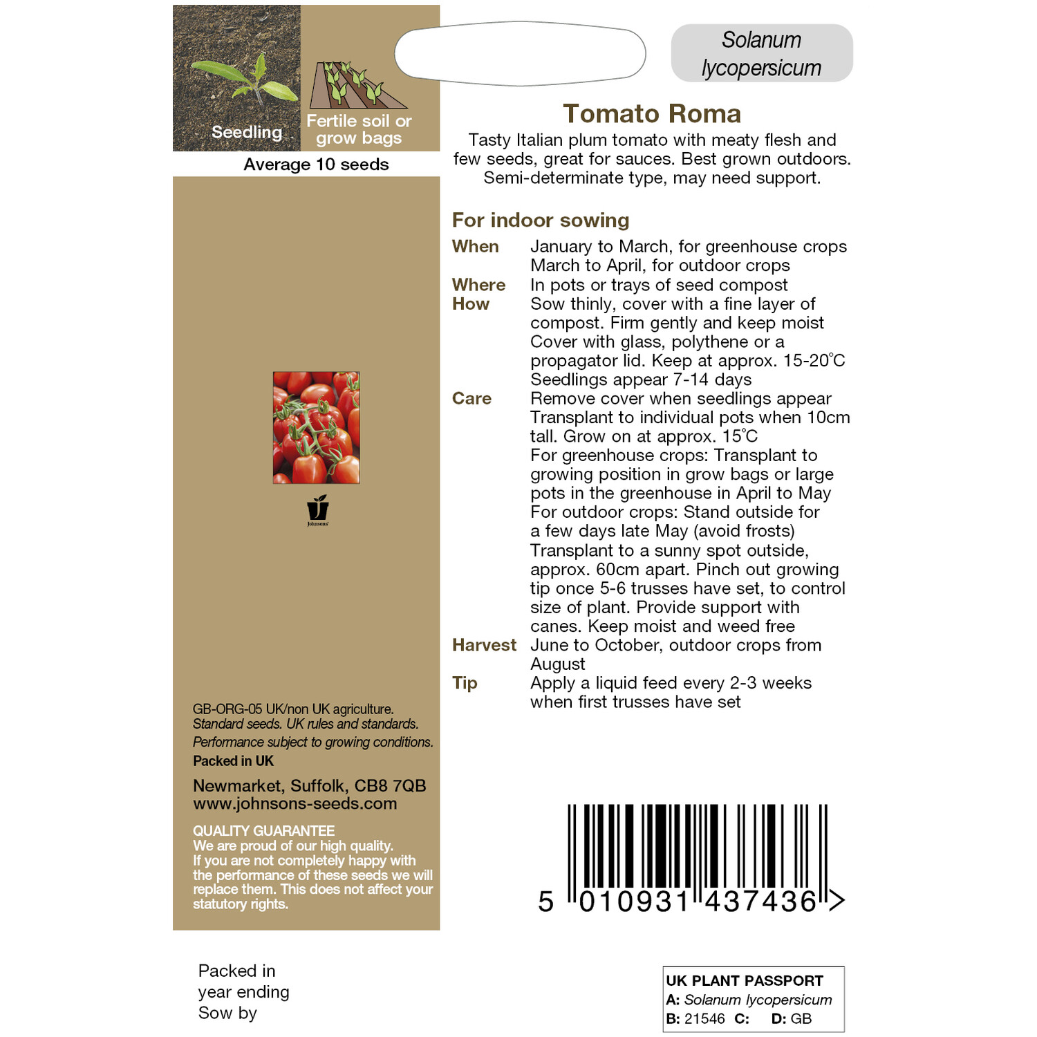 Johnsons Tomato Roma Seeds - Red Image 2