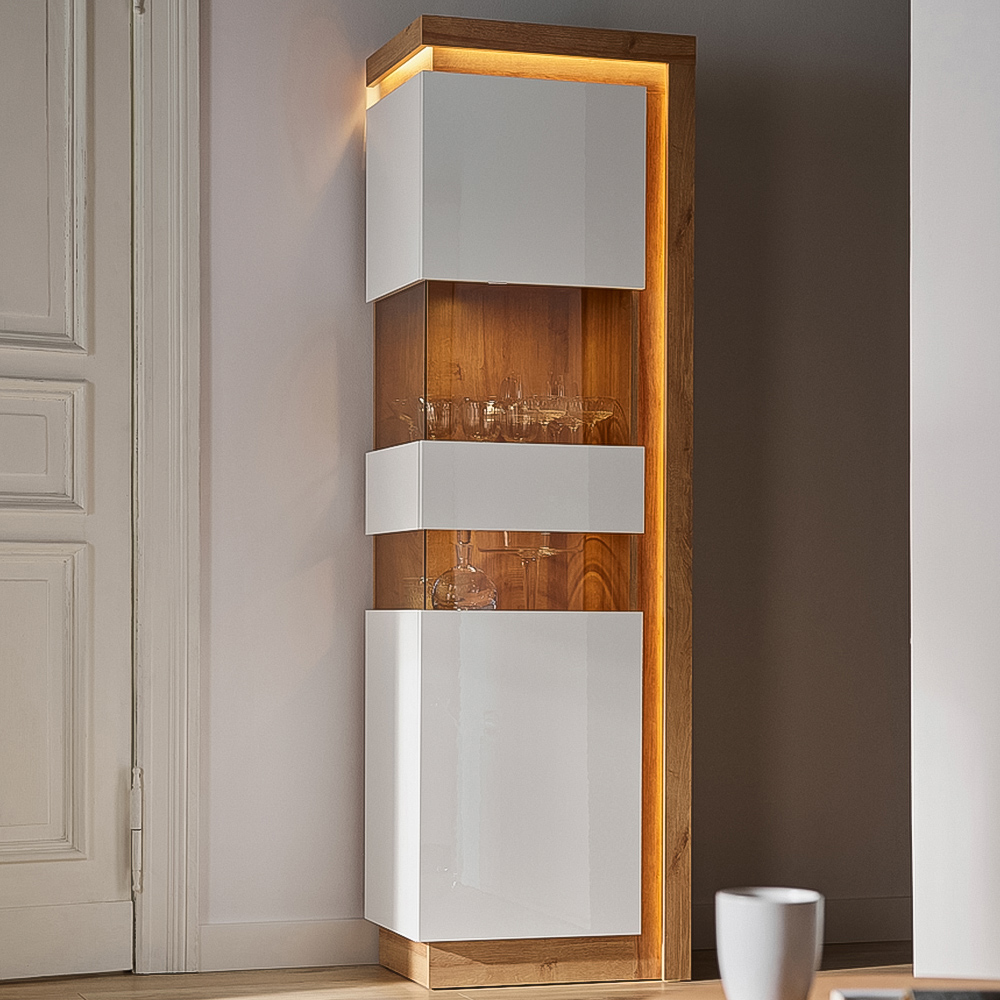 Furniture To Go Lyon White and Riviera Oak Left Hand Tall Narrow Display Cabinet Image 1