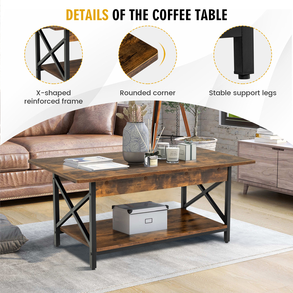 Costway Single Shelf Rustic Brown Industrial Style Coffee Table Image 5