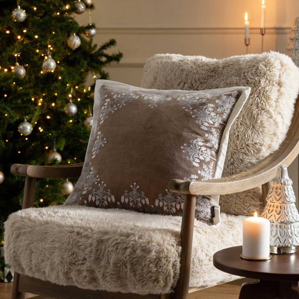 Paoletti Winter Bloom Embroidered Taupe Cotton Velvet Cushion 50 x 50cm Image 6