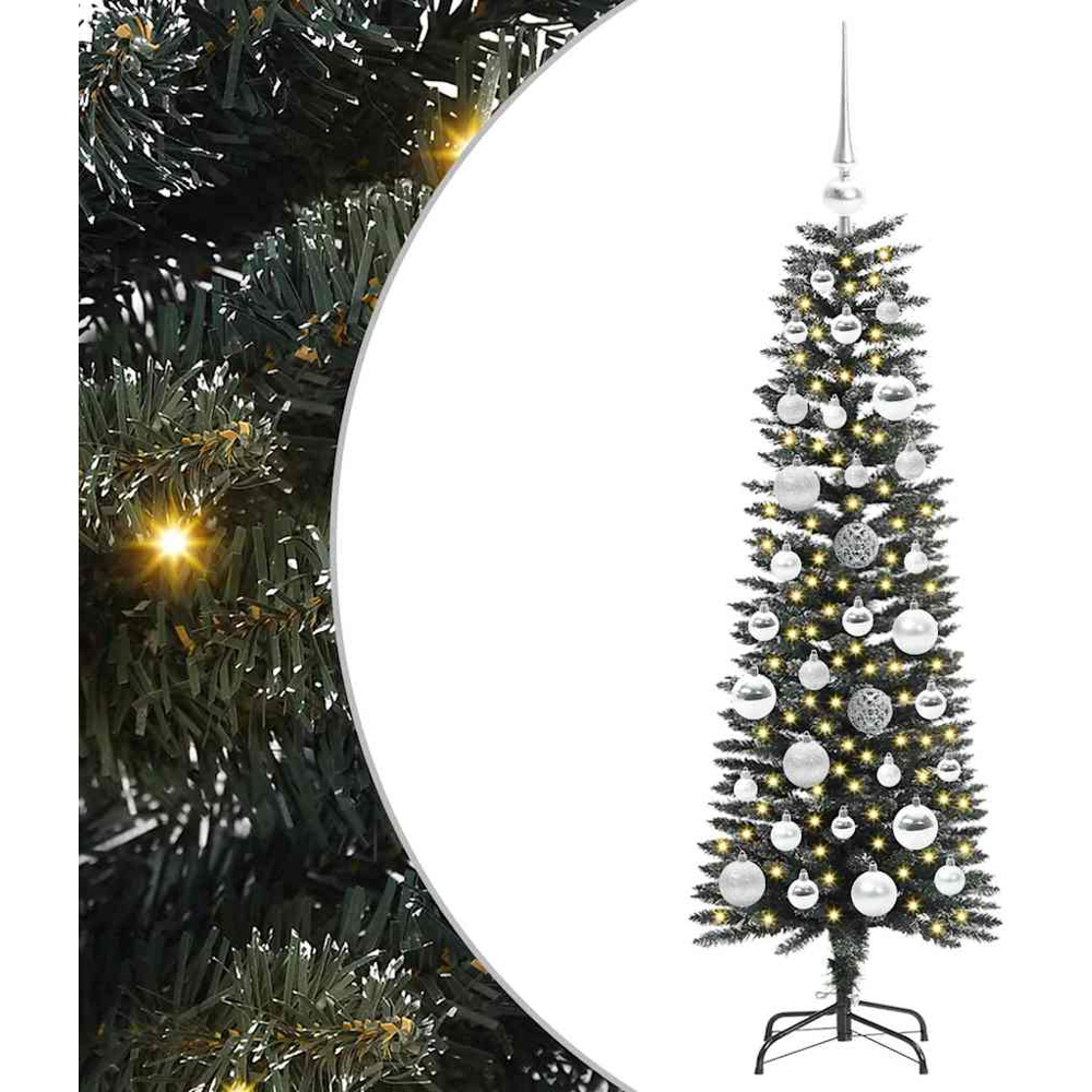 vidaXL Pre-Lit Silver Baubles Green Artificial Christmas Tree 4ft Image 2