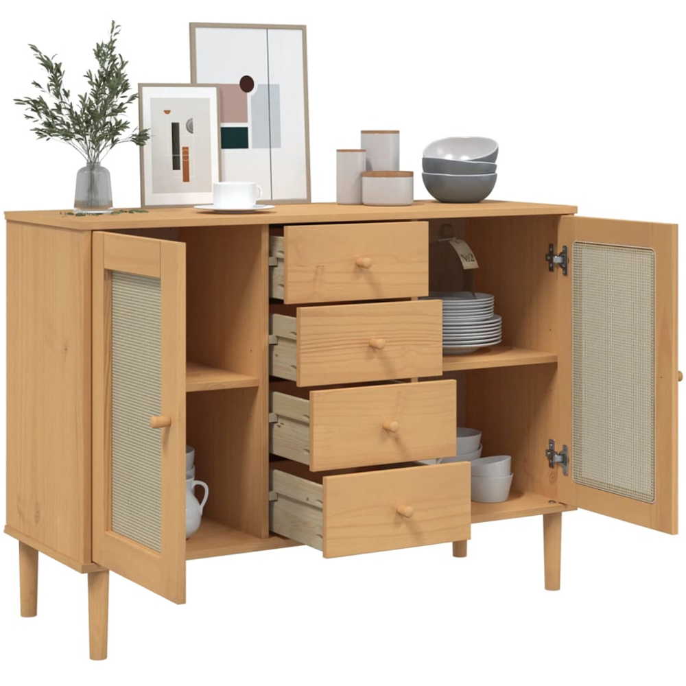 vidaXL Senja 2 Door 4 Drawer Brown Solid Pine Wood Rattan Look Sideboard Image 4