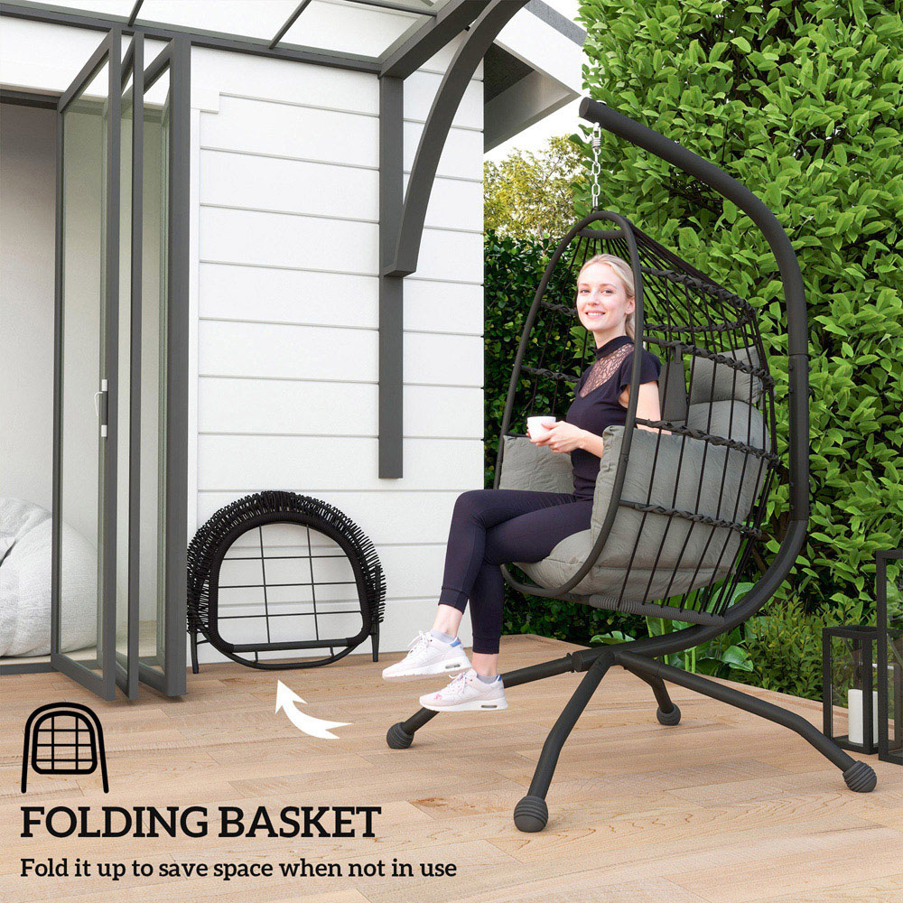 Outsunny Grey Hanging Egg Chair with Folding Basket Image 5
