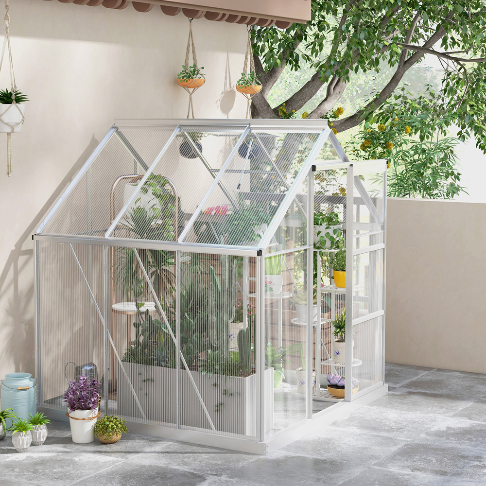 Outsunny Silver Polycarbonate Aluminium Frame 6 x 6ft Walk In Greenhouse Image 2