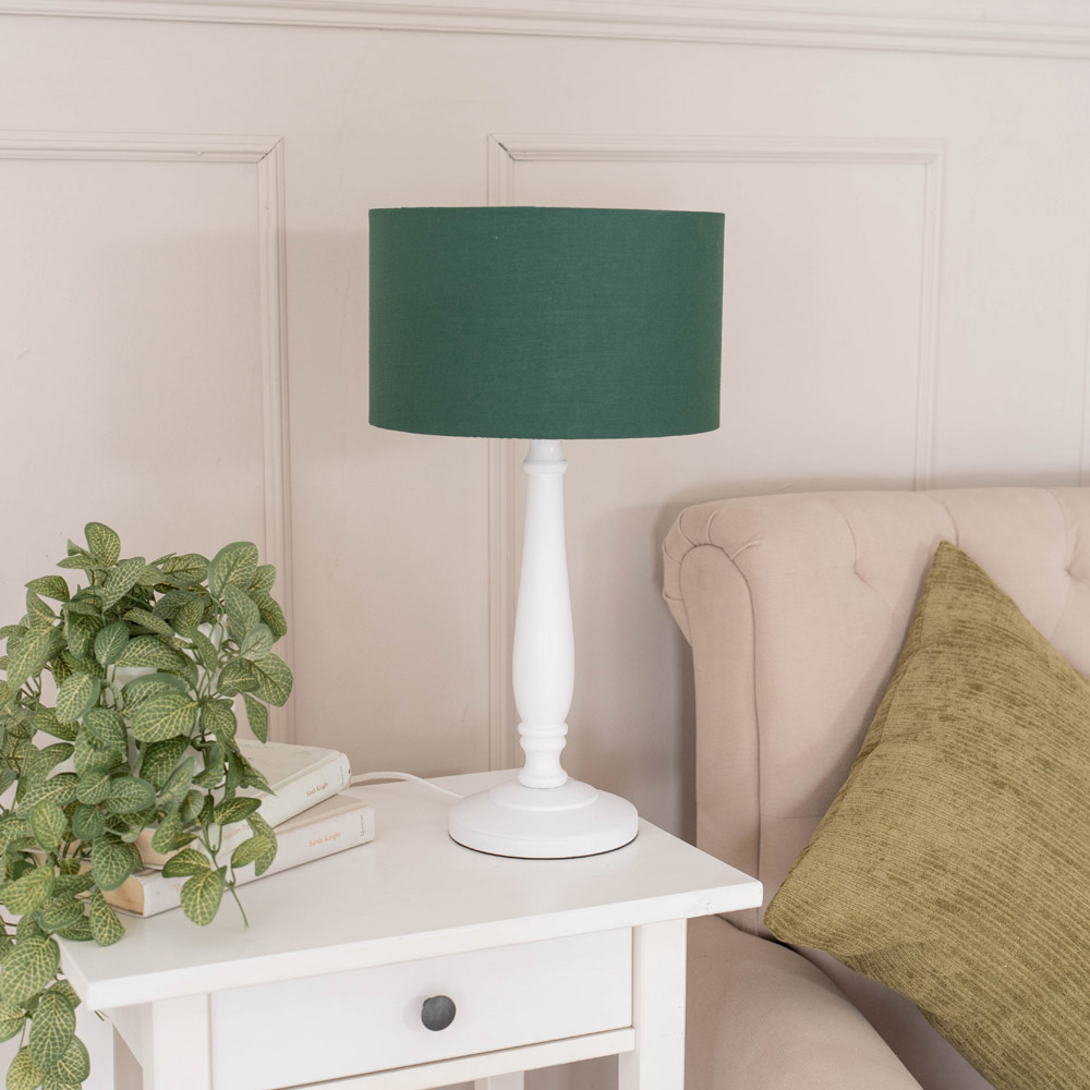 ValueLights Victoria Green Fabric Drum Shade White Wood Traditional LED Table Lamp Image 3