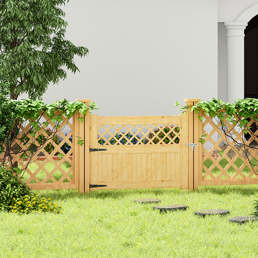 Living and Home 3.6 x 2.9ft Rustic Slatted Wooden Garden Gate with Hollow Rhombus Lattice Image 2