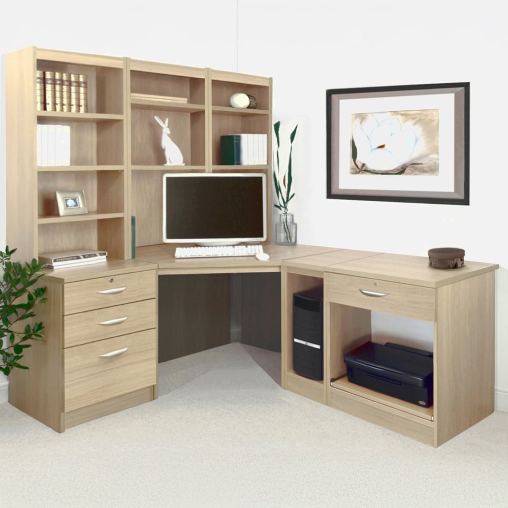 R White Cabinets 4 Drawer Corner Set-20 Computer Desk with Printer Shelf and Bookcase Brown Image 1