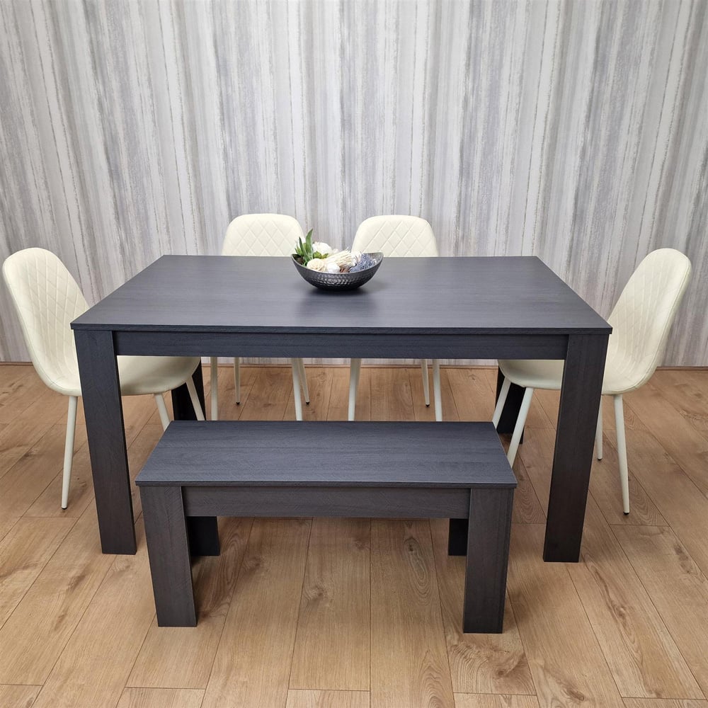 Portland Leather and Wood 6 Seater Dining Set Cream and Dark Grey Image 2
