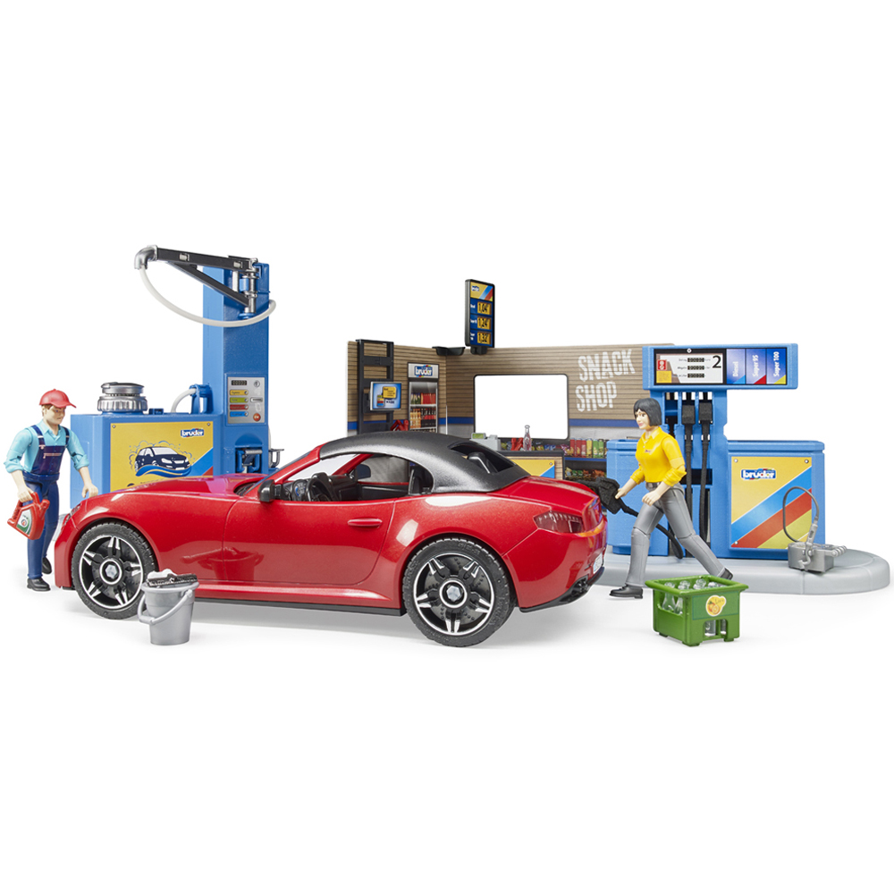 Bruder Bworld Petrol and Car Wash Station with Red Roadster and 2 Figures Image 4