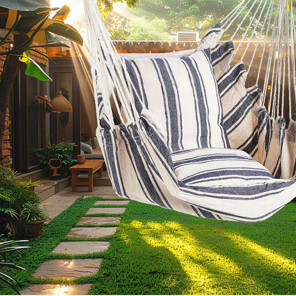 Gr8 Garden Blue and White Stripe Hammock with Cushion Image 7